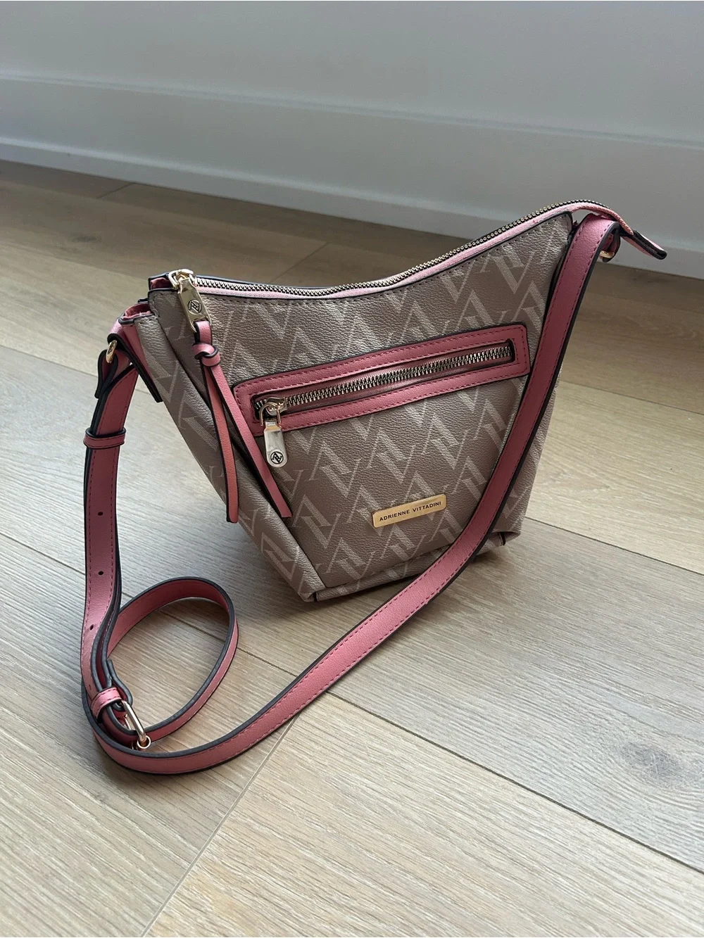 Adrienne Vittadini Monogram Crossbody Bag Pink Trim